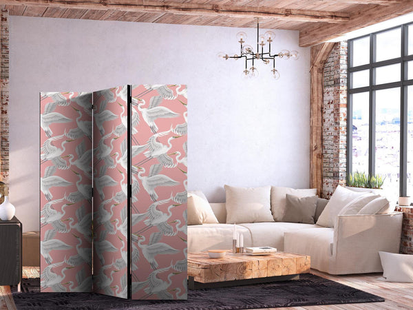 Paravento - Pastel birds - a delicate pattern of white and grey herons on a light pink background