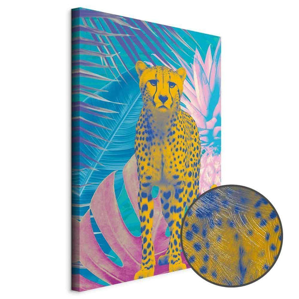 Quadro - Exotic Leopard - Colorful Portrait of a Cheetah Against Tropical Leaves