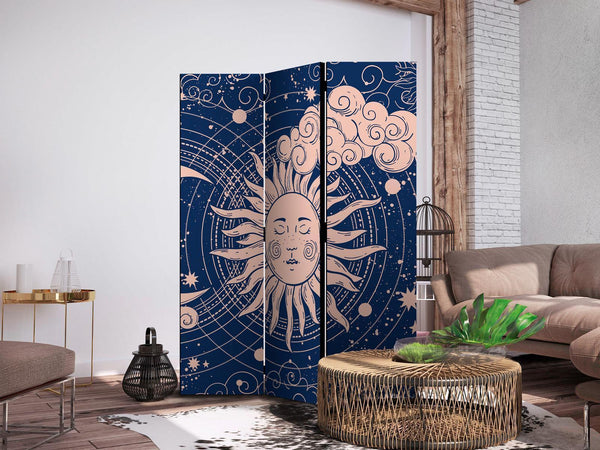 Paravento - Cosmic Harmony - Illustration of the Sun and Moon on a Navy Background