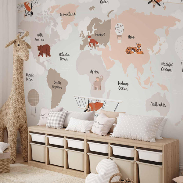 Carta da parati - Map in Shades of Beige - Continents With Animals