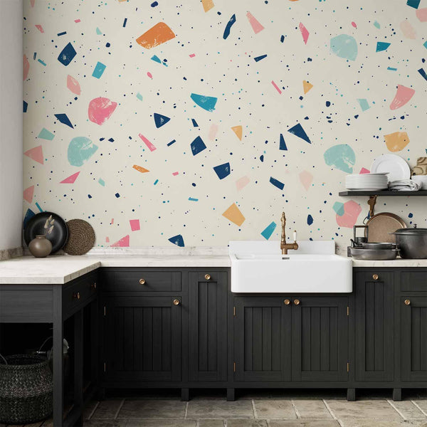 Carta da parati - Terrazzo with Multicolored Large Elements Cheerful Pattern on a Light Background