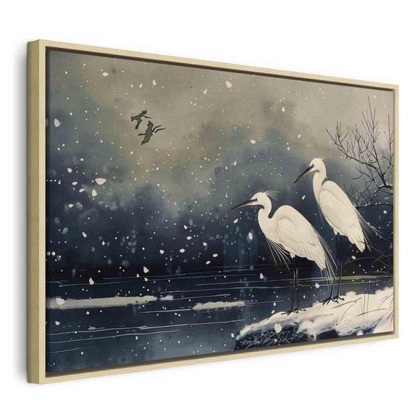 Quadro - Herons over a winter pond - Japanese-style illustration in dark colours