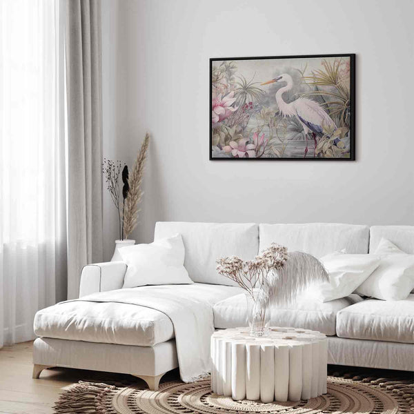 Quadro - Heron wading in a pond - illustration in bright colours