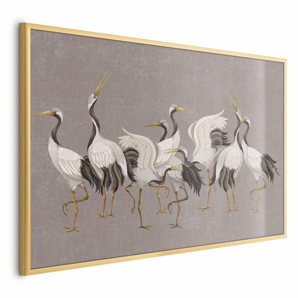 Poster - Crane Dance - light bird silhouettes on a warm-gray textured background