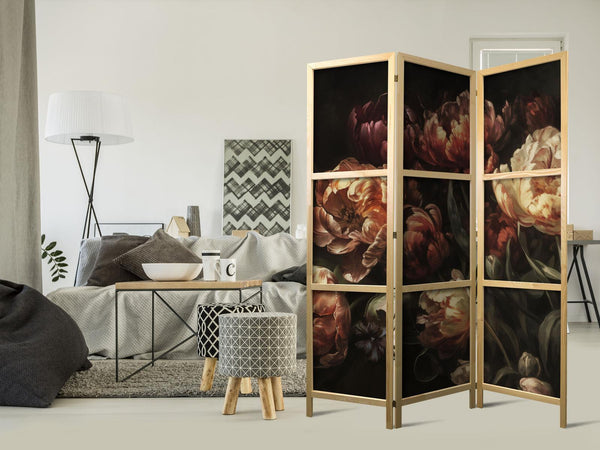 Paravento giapponese - Magnificent Tulips - Bouquet of Flowers in Red and White on a Black Background