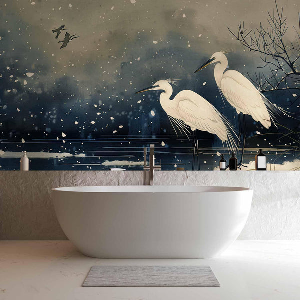 Carta da parati - Herons over a winter pond - Japanese-style illustration in dark colours