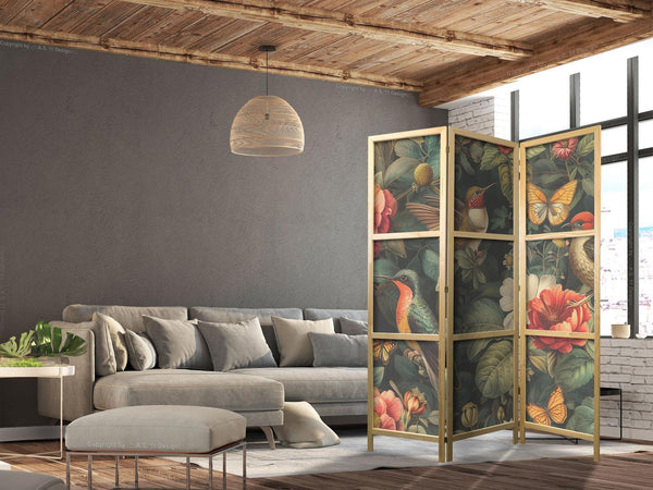 Paravento giapponese - In the Botanical Garden - Flowers Birds and Butterflies - Colorful Illustration