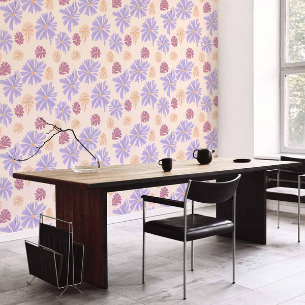 Tappezzeria murale - Floating Flowers - Tiny - wind-borne flowers in three colors - on a light background