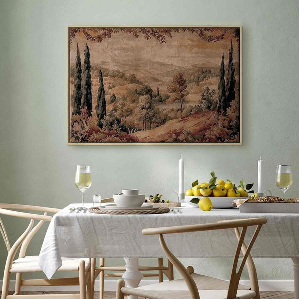 Quadro - Mediterranean landscape - old tapestry with a hill and a lake