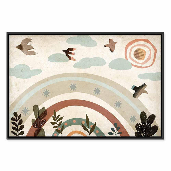 Quadro - Rainbow and Sun Above - Birds in Subdued Colors Flying Among Clouds Above a Rainbow and Various Plants on a Light Background