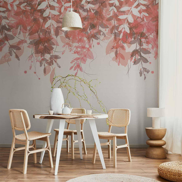 Carta da parati - Under vegetation - hanging vines of pink leaves on a neutral background