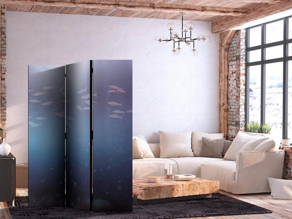 Paravento - School of Small Fish - Illuminated Oceanic Depth in Shades of Navy Purple and Gray with a Shoal of Tiny Fish