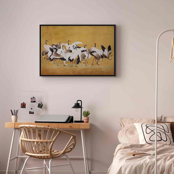 Quadro - Japanese cranes - a flock of birds against a golden background based on a painting by Ishida Yūtei