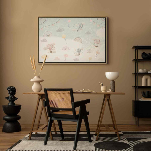 Quadro - Sky with Balloons - Balloons in Subdued Colors Flying in the Sky Among Clouds Rainbows and Stars