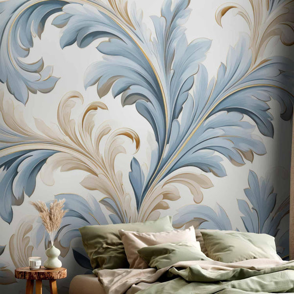 Carta da parati - Baroque Ornaments in Light Cream-Blue Hues