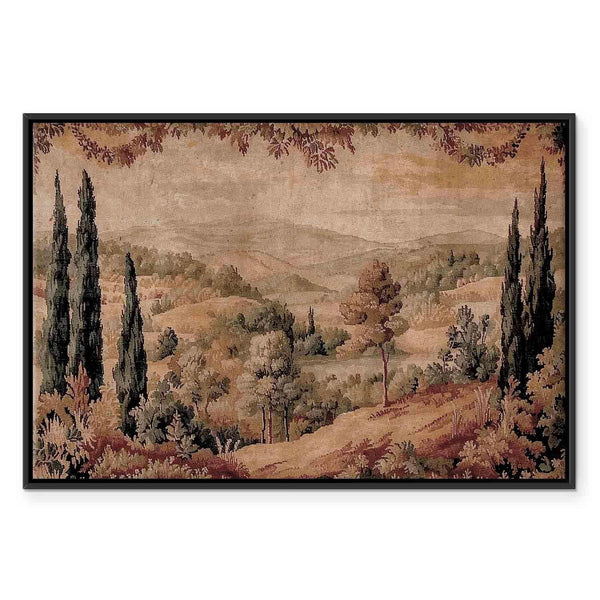 Quadro - Mediterranean landscape - old tapestry with a hill and a lake