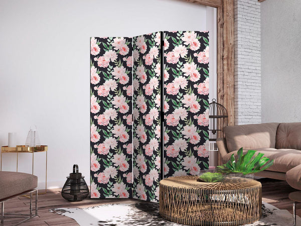 Paravento - Peonies - Pink Flowers and Green Leaves on a Graphite Background