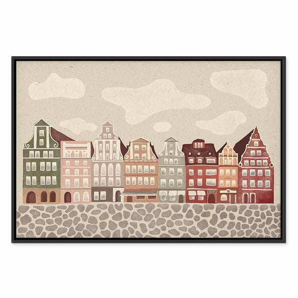 Quadro - Salt Square - Colorful Illustrated Townhouses Against a Cloudy Sky Background