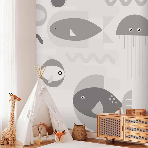 Carta da parati - Minimalist grey ocean - geometric fish in water for children