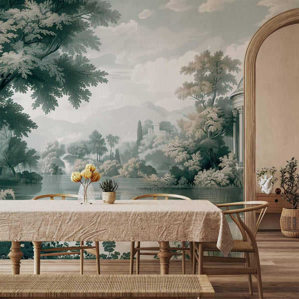 Carta da parati - View of the Park and Lake Retro Vintage Landscape in Greens