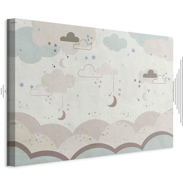 Quadro - Cloudy Night Sky - Moons in Brown and Beige Hues Among Clouds and Numerous Little Stars on a Light Background