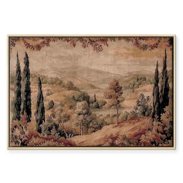 Quadro - Mediterranean landscape - old tapestry with a hill and a lake