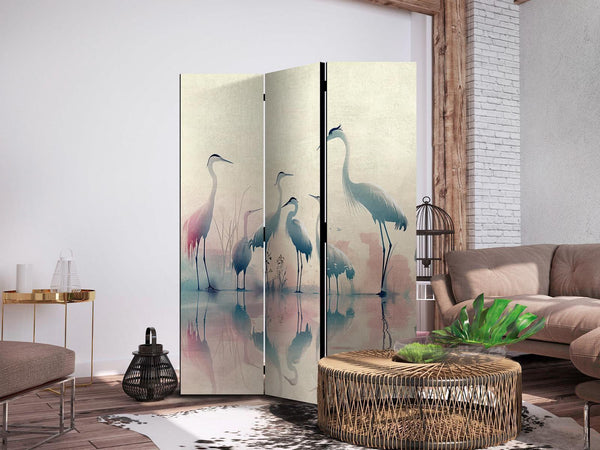 Paravento - Birds by the lake – herons painted in watercolours in delicate grey and pink colours