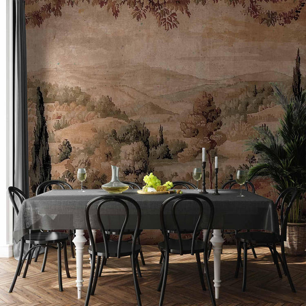 Carta da parati - Mediterranean landscape - old tapestry with a hill and a lake