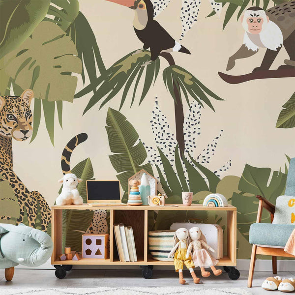 Carta da parati - Leaves and Shapes - Jungle in Faded Colours With Animals