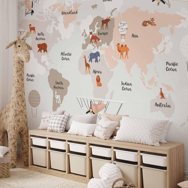 Carta da parati - World Map in Beige Tones for Children's Room