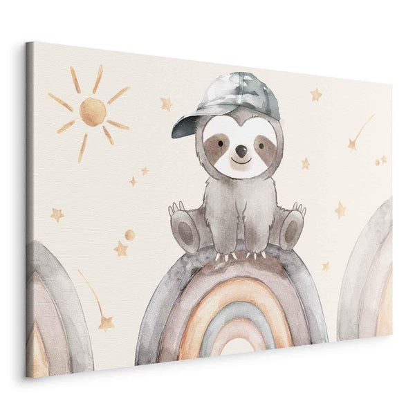 Quadro - Happy Sloth - Sloth in Subdued Colors Wearing a Cap Sitting on a Rainbow Among Little Stars