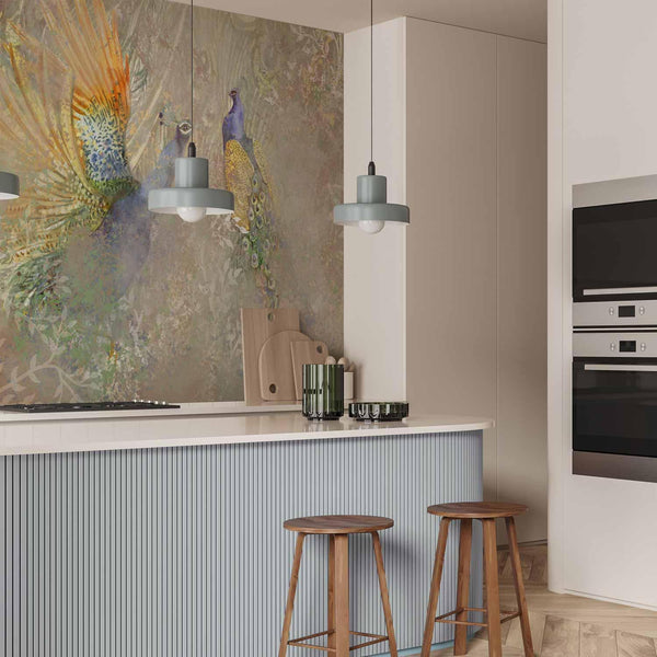 Carta da parati - Peacocks in dance - bird motif among an abstract pattern with ornaments