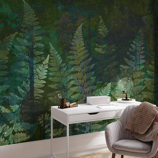 Carta da parati - Green abstraction in the forest - fern leaves in the trunks with patterns