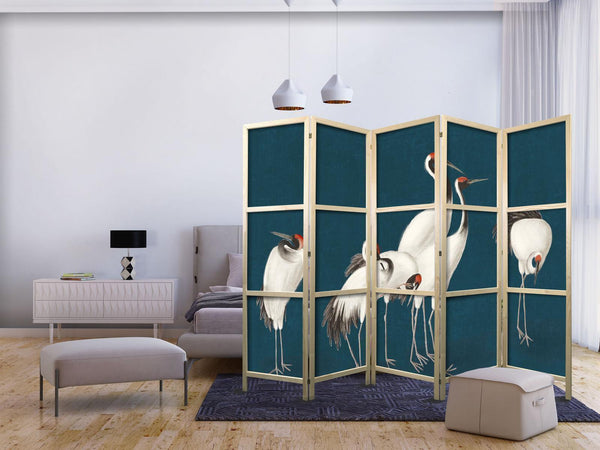 Paravento giapponese - Evening by the pond - a group of cranes drawn with dry pastels on a dark turquoise background