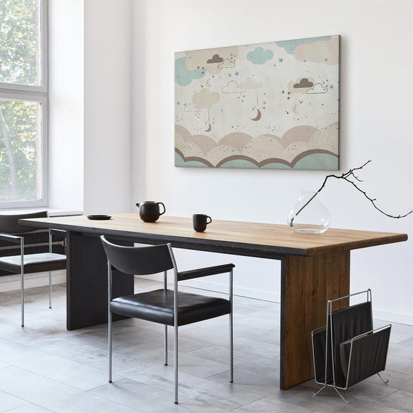 Quadro - Cloudy Night Sky - Moons in Brown and Beige Hues Among Clouds and Numerous Little Stars on a Light Background