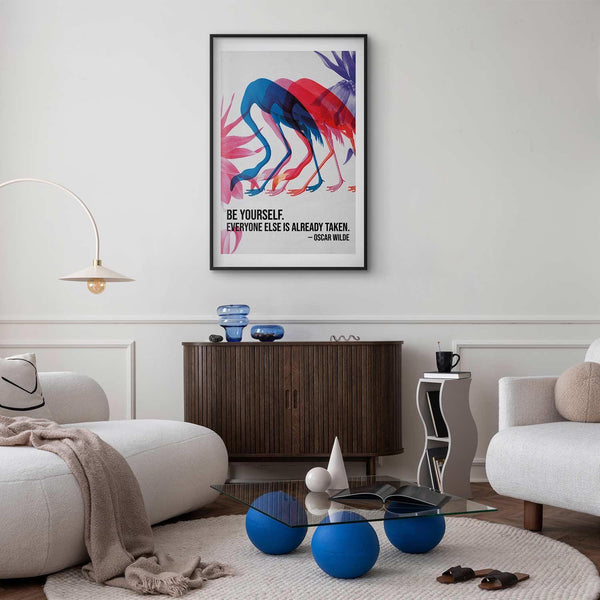 Poster - Colorful Repetition - three flamingo silhouettes with an inspiring quote