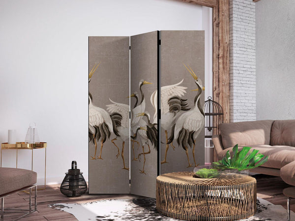 Paravento - Crane dance - bright silhouettes of birds on a warm grey background with texture