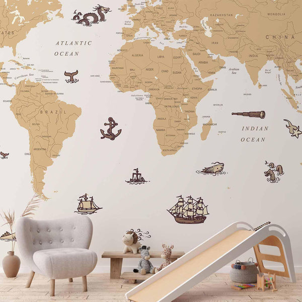 Carta da parati - Sea Wolf Map - Countries With Pirate Illustrations