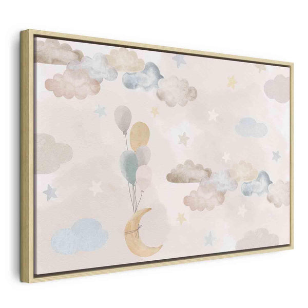 Quadro - Fairy-Tale Moon - Pastel Moon with Balloons Among Colorful Clouds and Stars in Subdued Colors on a Light Background