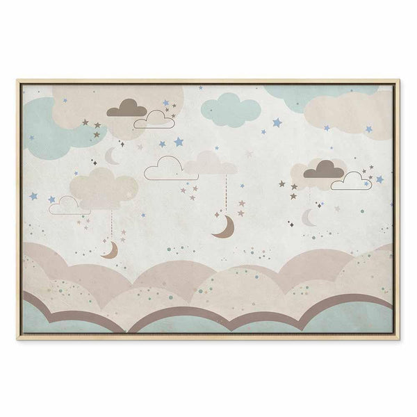 Quadro - Cloudy Night Sky - Moons in Brown and Beige Hues Among Clouds and Numerous Little Stars on a Light Background