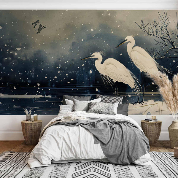 Carta da parati - Herons over a winter pond - Japanese-style illustration in dark colours
