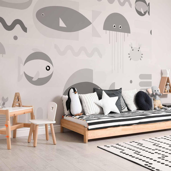 Carta da parati - Minimalist grey ocean - geometric fish in water for children