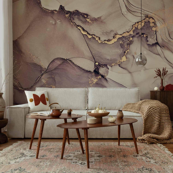 Carta da parati - Watercolour Abstraction - Powder Pink Marble With Gold Accents
