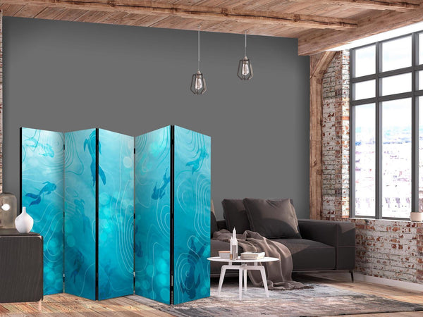 Paravento - Koi Fish Beneath the Water Surface - A Cluster of Japanese Fish in the Depths of the Pond in Shades of Navy and Blue
