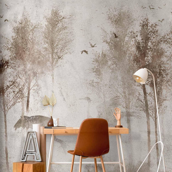 Carta da parati - Among the trees - landscape in grey tones in fog in a clearing with birds
