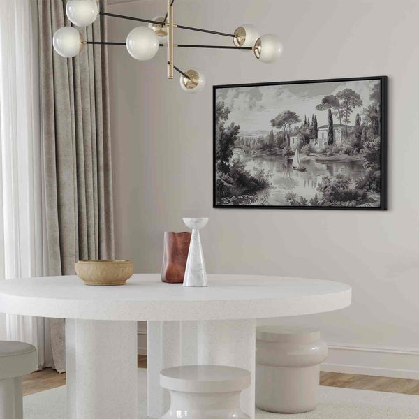 Quadro - Black and White Vintage Landscape Retro View of a Pond with a Boat