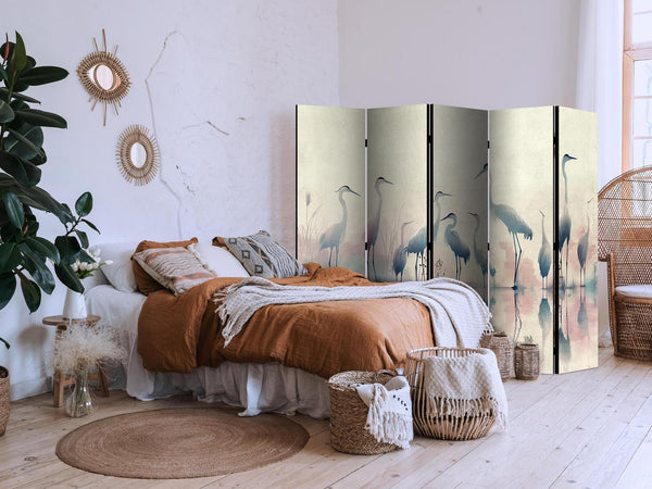 Paravento - Birds by the lake - herons painted in watercolours in delicate grey and pink colours