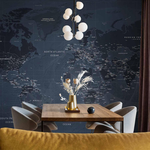 Carta da parati - World map in blue - continents with inscriptions in English