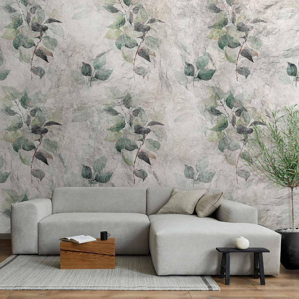 Carta da parati - Statue of nature - plant motif with green leaves with grey patterns