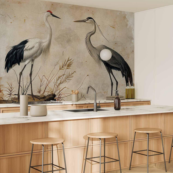 Carta da parati - Birds from an old engraving - vintage-style illustration depicting a heron and a crane